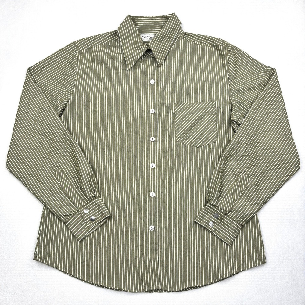 Chicos Shirt Womens 1 Medium Olive Green White Striped Crinkle Button Down Top